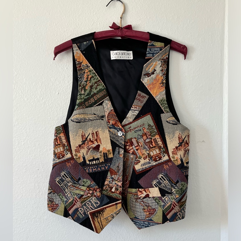 Unique vintage Paris tapestry vest with button up front and pockets vest